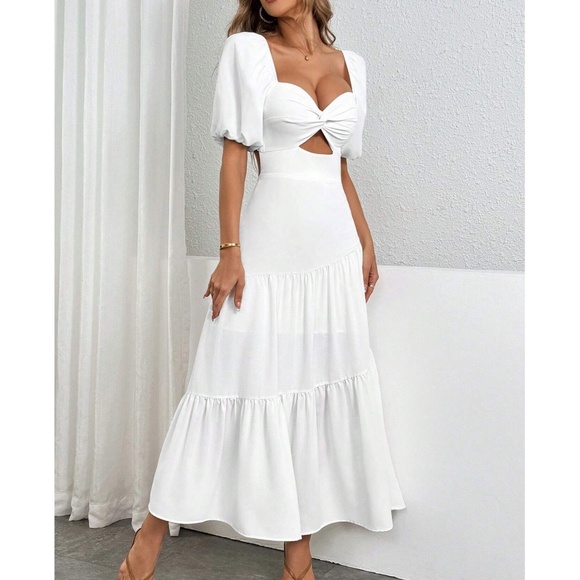 Boho White Puff Sleeve Cut out Maxi Dress - Picture 3 of 5